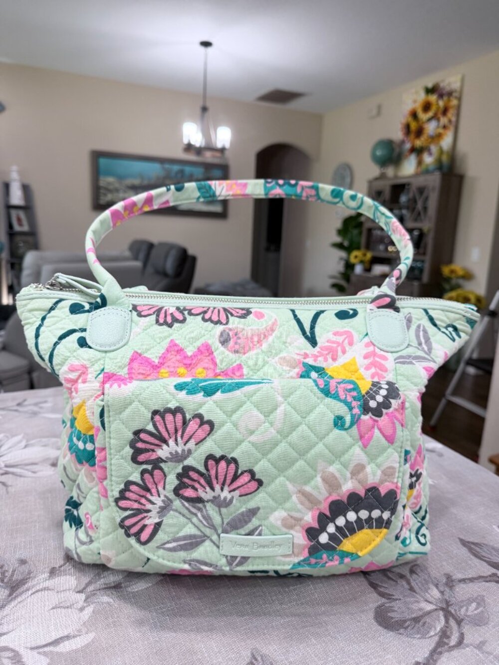 Vera Bradley Carson East West Tote Mint Flowers Quilted Shoulder Bag Retired